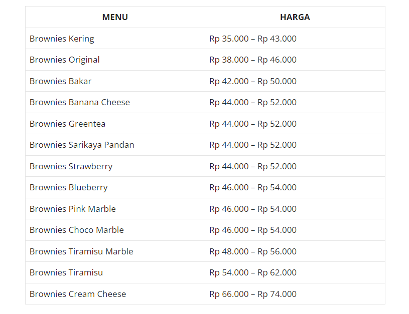 Harga Menu Amanda Brownies