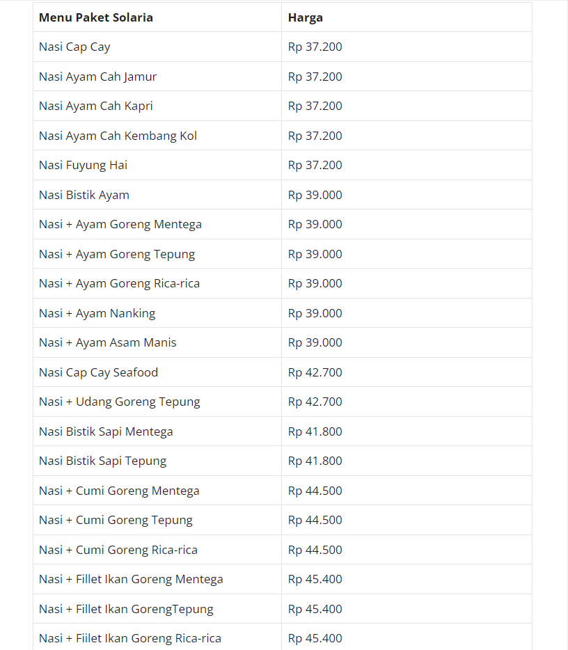 Harga Menu Solaria